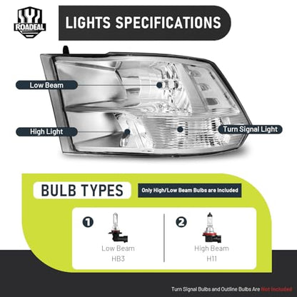 Headlights for 2009-2018 Dodge Ram 1500 Quad-Hole Single Headlight - color: Chrome Housing - With H/L Beam Bulbs
