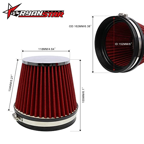 RYANSTAR Racing 6 Inch Cone Air Filter 152mm High Flow 155mm Tall Washable - color: red, size: 6" Truck Short