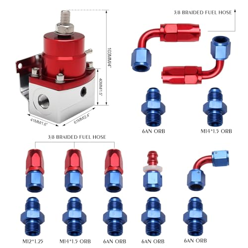 EFI Fuel Pressure Regulator Kit 0-100psi with Gauge 6AN Fuel Line Fitting Universal Adjustable Aluminum (Blue+Red) - color: Blue&Red