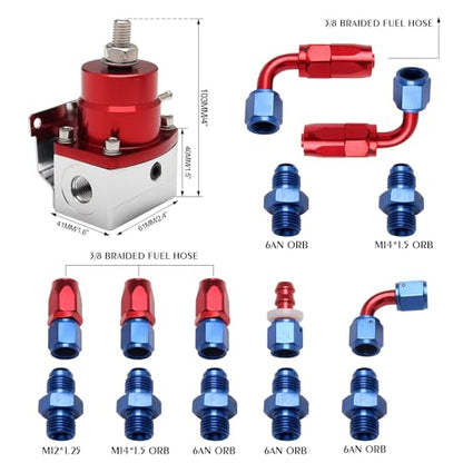 EFI Fuel Pressure Regulator Kit 0-100psi with Gauge 6AN Fuel Line Fitting Universal Adjustable Aluminum (Blue+Red) - color: Blue&Red