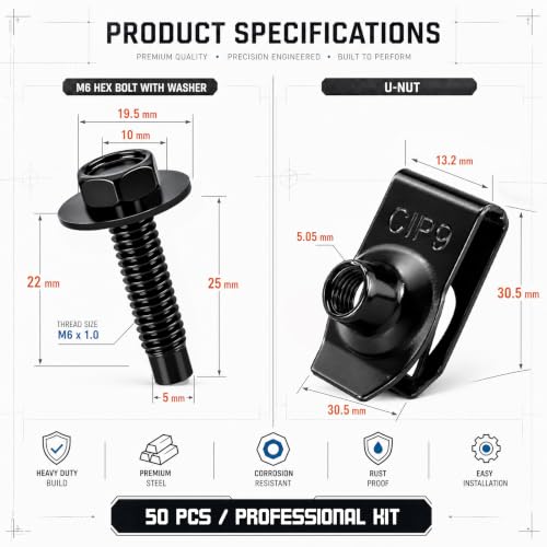100PCS Automotive Body Bolt & U Nut Kit, M6-1.0 Hex Head Screws with Extruded U-Nuts Clips, Fender Liner, Splash Shield, Engine Under Cover, Bumper & Hood Fastener Assortment (50 Sets) - color: Black M6 x 1.0