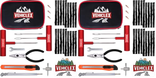 Vehiclex Tire Repair Kit for Plug and Patch with Aluminum Handled Tools - Emergency Kit with Pliers in Zippered Bag for Car, Motorcycle, ATV, Tractor, Lawn Mower (Pack of 2) - size: Compact + pliers (Pack of 2)