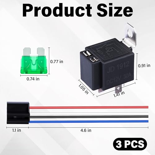 Sixzoo 3 PCS 4 Pin 12V Relay Socket, 30A Fuse Relay Switch Harness Set