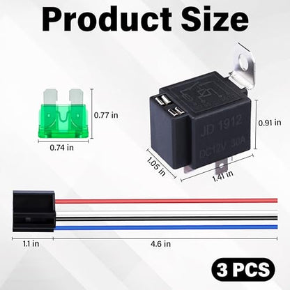 Sixzoo 3 PCS 4 Pin 12V Relay Socket, 30A Fuse Relay Switch Harness Set