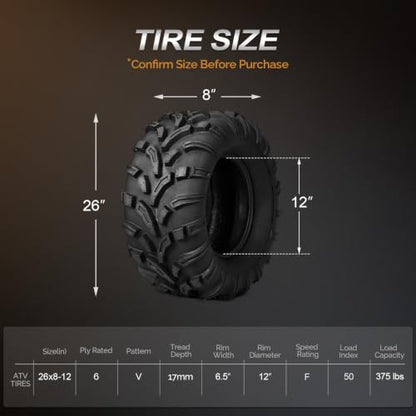 TUFFIOM Set of 2 ATV UTV Tires, 26x8-12, 6PR All-Terrain Mud Tires with Directional Tread, Drainage, Strong Srip and Snow-breaking for Rainy/Snowy Areas, Tubeless Trail Tire - size: 26x8.00-12 (2 pack)