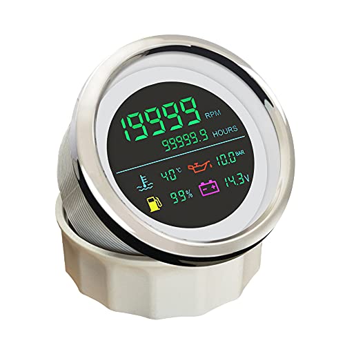 ELING 6 in 1 Adjustable Multifunctional Gauge Tachometer Fuel Level Water Temp Oil Pressure Hour Voltmeter 85mm Dimension for Boat Car Motorcycle (White+Stainless) - color: White+Stainless Steel