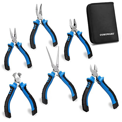 COMOWARE 6-Piece Mini Pliers Set, Multi-Function Precision Tools with Needle, Bent & Cutting Tips for Electronics, DIY & Crafting - color: Blue