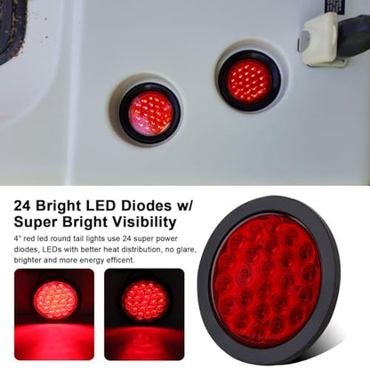 4" Inch Round Led Trailer Tail Lights Kit w/25ft Wiring Harness