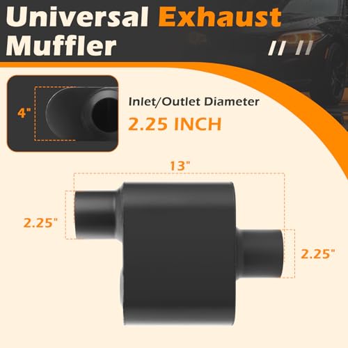 A-KARCK Universal Exhaust Muffler 2.25" Offset Inlet 2.25" Center Outlet, 13" Overall Length Aluminized Steel Aggressive Sound Race Muffler for Cars, Trucks (Black) - size: 2.25" offset in | 2.25" center out | overall 13"