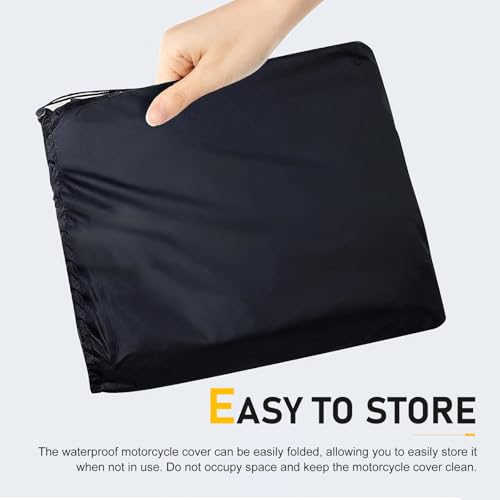 Motorcycle Cover, All Season Universal Weather Waterproof Motorcycle Covers, Sun Outdoor Protection Motorbike Cover with Lock-Holes & Storage Bag, Suitable for 250cc Cruiser Bike (Black)
