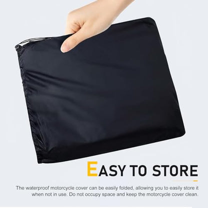 Motorcycle Cover, All Season Universal Weather Waterproof Motorcycle Covers, Sun Outdoor Protection Motorbike Cover with Lock-Holes & Storage Bag, Suitable for 250cc Cruiser Bike (Black)