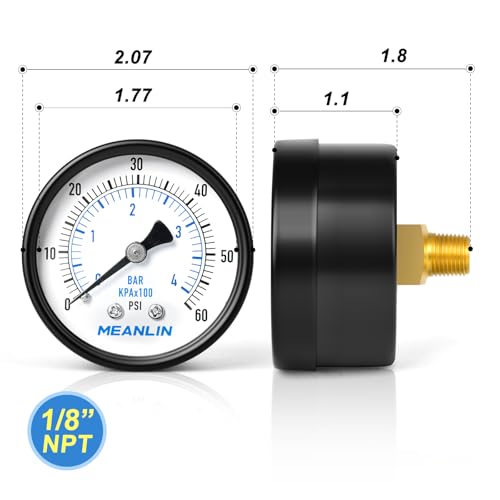 MEANLIN MEASURE 0-60Psi 2" DIAL FACE 1/8" NPT Well Pump Pressure Gauge, with 1/4" NPT and 3/8" NPT Hex Bushing, 3-2-3% Accuracy, Center Back Mount - color: 1/8"NPT Back Mount, size: 0-60Psi