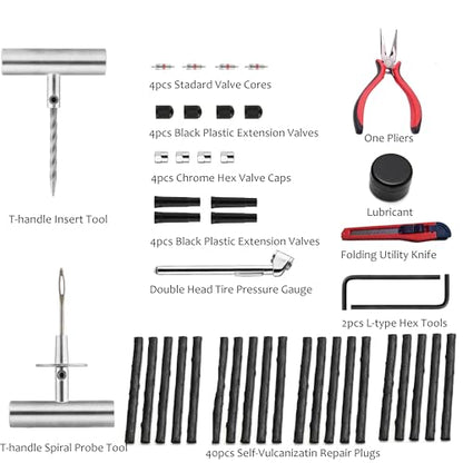 Tire Plug Kit - 68pcs Heavy Duty Tire Repair Kit, Universal Tire Repair Tools to Fix Punctures and Plug Flats Patch Kit for car Motorcycle, Truck, ARB，ATV, Tractor, RV, SUV, Trailer