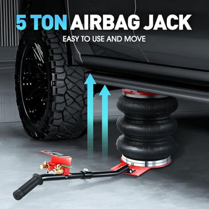 DNA Motoring Air Jack 5 Ton / 11000lbs Triple Bag Airbag Jack with Long Handle, 3-5 s Fast Lifting Pneumatic for Cars,Trucks, Garage, Repair, Lifting up to 15.7", TOOLS-00688 - color: Black/Red, style: Long Handle 5 ton