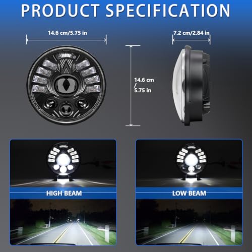 MONDEVIEW 5-3/4 5.75 Inch LED Headlight Motorcycle with High/Low Beam DRL Turn Signals Light DOT Approved Compatible with Sportster Dyna Street Bob Low Rider Wide Glide Iron 883