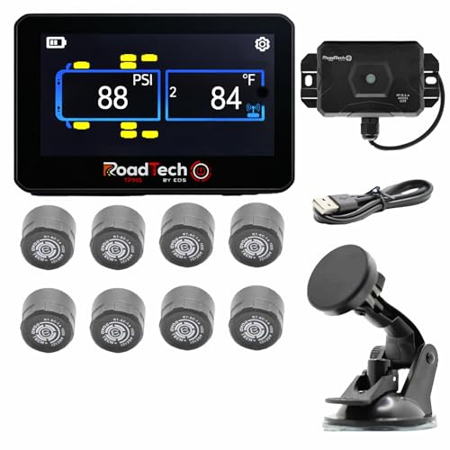 RoadTech TPMS Kit 8 Cap Sensors - Tire Pressure Monitoring System for RVs, Trailers & Tow Vehicles, Real-Time Pressure & Temperature Alerts, Easy Install, Color Display - size: 8 Sensors, style: Cap
