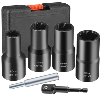 Wheel Lock Removal Kit, 6 Piece Lug Nut Remover, 1/2-Inch-Drive Impact Easy Out Bolt Extractor Socket Set for Removing Damaged, Frozen, Rusted,10mm,12mm,14mm,16mm - style: 10mm,12mm,14mm,16mm