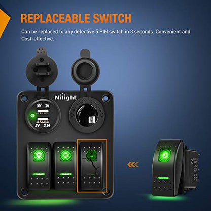 Nilight 6 Pack Rocker Switches 5 PIN On Off Toggle Green - color: Green 6 PCS