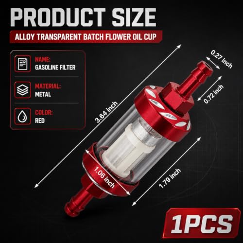 Car Fuel Filters, Tempered Glass Waterproof Fuel Filter Cup, Inline Alloy Rust-Proof and Durable Efficient Filter Oil Cup, Universal for Truck Motorcycle SUV Car (Red)
