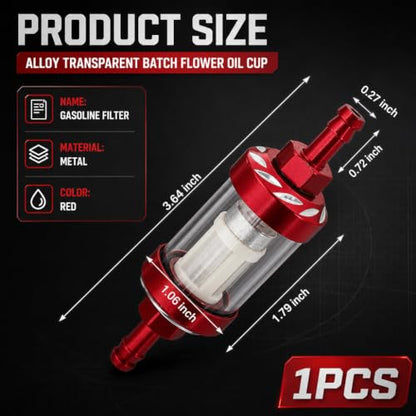 Car Fuel Filters, Tempered Glass Waterproof Fuel Filter Cup, Inline Alloy Rust-Proof and Durable Efficient Filter Oil Cup, Universal for Truck Motorcycle SUV Car (Red)