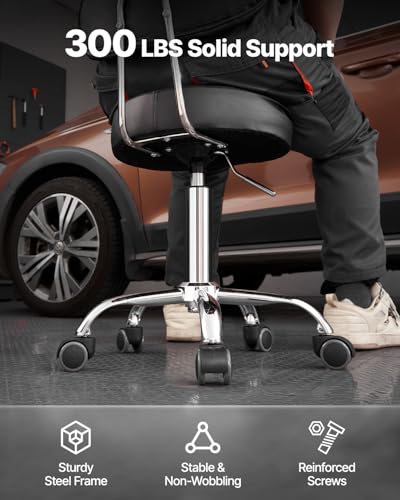 VEVOR Shop Stool with Backrest, Pneumatic Height Adjustable Garage Seat, 300 lbs Load, Roller Creeper Seat, 360 Swivel Padded Workshop Stool, Black - style: with Backrest and Casters
