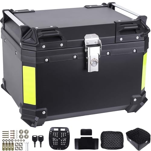 Motorcycle Top Case 57L Trunk Tail Box Bag Aluminum alloy handle with Leather Lining Anti-Theft with Lock & Back Cushion Waterproof Dustproof Easy Installation with Universal Bracket Black - color: Black（57L-Single Lock）