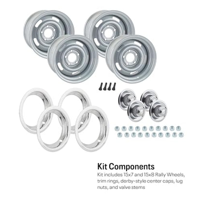 GM Style Rally Wheel Kit, 15x7 and 15x8 Silver Steel Wheels, Set of 4