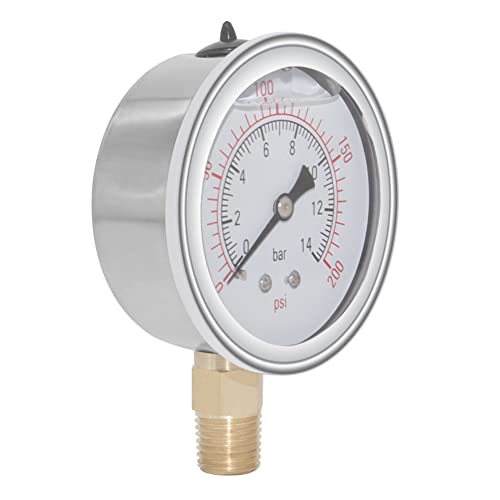 Joywayus Pressure Gauge 0-200 PSI Brass 1/4" NPT Male Thread Lower Mount, Glycerin Filled, Stainless Steel Case, Multiple Function - size: 0-200PSI--1/4", style: Glycerin Filled