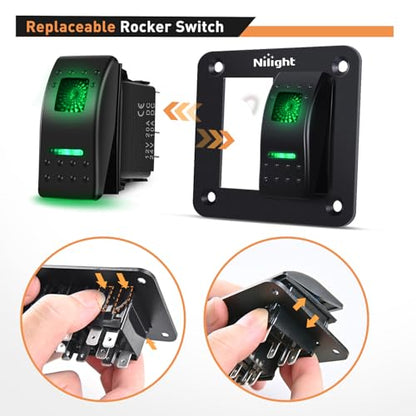 Nilight 2 Gang 3 Pin Rocker Switch Panel On Off SPST Toggle Green - color: Green, size: 2 Gang
