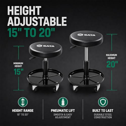 SATA Adjustable Rolling Shop Stool with Wheels, Heavy Duty 300 lbs Capacity Mechanics Chair, Rolling Garage Stool for Seated Work, 385mm Seat, 390mm Height