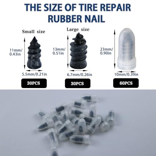 60 Pack Rubber Tire Repair Nails,Premium Spiral Screw-in Tire Plugs with 2 Sizes,Quick self-service flat tire puncture repair kit for car Emergency Self-Fix Tool Compatible with Car Motorcycle Jeep