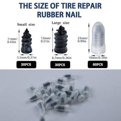 60 Pack Rubber Tire Repair Nails,Premium Spiral Screw-in Tire Plugs with 2 Sizes,Quick self-service flat tire puncture repair kit for car Emergency Self-Fix Tool Compatible with Car Motorcycle Jeep