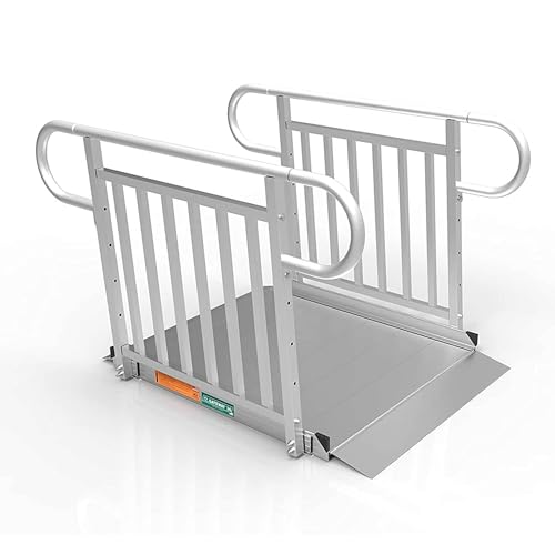EZ-ACCESS - Portable Wheelchair Ramp and Aluminum Ramp with Handrails - Heavy Duty Mobility Device, Handicap Ramp with Solid Surface for Steps, and Vertical Picket Handrails - 3G 5-Foot, Silver - size: 60 Inch (Pack of 1), style: Ramp + vertical picket ra