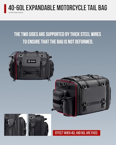 RIDEIRON Motorcycle Tail Bag, Expandable from 40L to 60L with Rain Cover