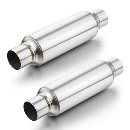 A-KARCK 2.5" Inlet Resonator, Exhaust Resonator Muffler Stainless Steel Polished 2.5" Inlet 2.5" Outlet 16" Overall Length Straight Through Design 2 Pack - size: 2.5" Inlet/Outlet 16" Long - Polished - 2 Pack