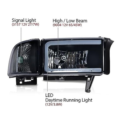 G-PLUS LED Headlights Fit Dodge Ram 1500 1994-2001/Ram 2500 3500 1994-2002 - size: Fit Dodge Ram 1994-2001(Smoke)