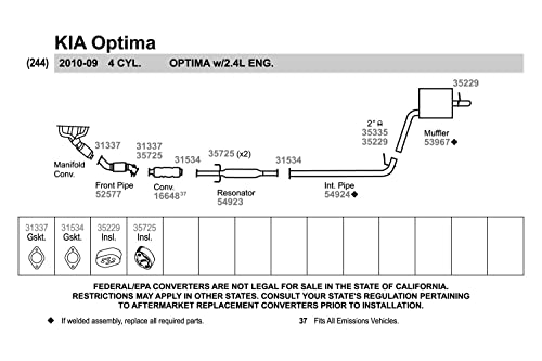 Walker 54923 Direct Fit Exhaust Resonator and Pipe Assembly for Kia Optima