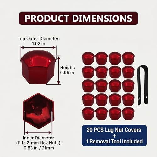 20PCS Lug Nut Covers, 21mm Car Hexagonal Wheel Bolt Covers Caps with Removal Tool, Dustproof Anti-Rust Auto Hub Screw Bolt Head Tire Protector, Universal Lug Nut Cap for Car SUV Truck (Red) - color: Red #21mm