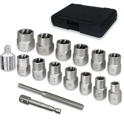 16PCS Bolt Extractor Kit 3/8" Drive Lug Nut Remover Socket Set for Stripped, Damaged Screws, Rounded Bolts and Fasteners (Included 3/8" Hex adapte and 1/2" Adapter) - size: 3/8"
