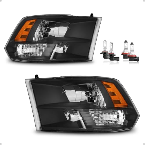 Halogen Headlights W/Bulbs for 2009-2018 Dodge Ram 1500 - color: Clear Lens I Black Housing I Amber Reflector