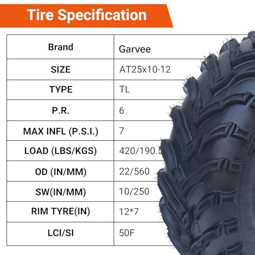Set of 2 tires AT25X10-12 25X10X12 tires ATV/UTV Lawn-Mowers Off-Road Tires 6 PR, Tubeless, Replacement Off-Road Tire for Four Wheelers, Light Mud, Sand, Trail Use - size: QD137 25X10-12