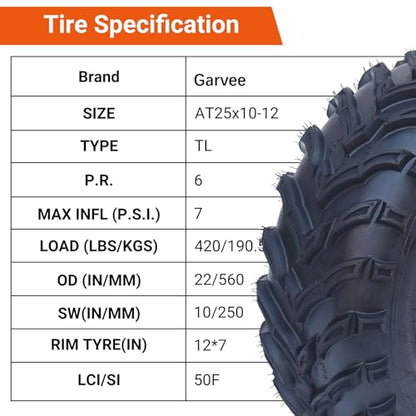 Set of 2 tires AT25X10-12 25X10X12 tires ATV/UTV Lawn-Mowers Off-Road Tires 6 PR, Tubeless, Replacement Off-Road Tire for Four Wheelers, Light Mud, Sand, Trail Use - size: QD137 25X10-12
