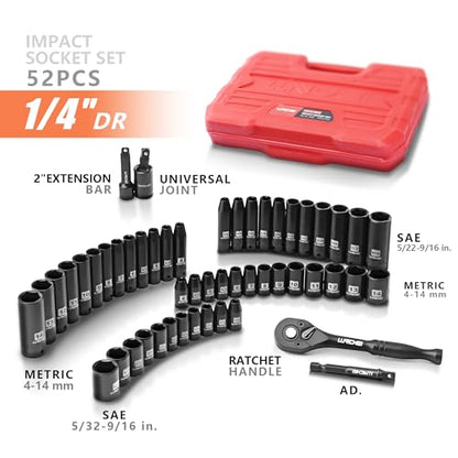 1/4" Drive Impact Socket Set, 52Pcs Ratchet Wrench Set, Metric and SAE - size: 1/4" Socket Set