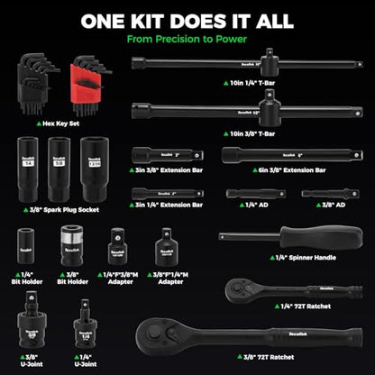 TecoTek 1/4" & 3/8" Dr. Impact Socket Set, 189 Piece Socket Wrench Set Mechanic Tools, Metric and SAE Full Set, CR-V, Deep & Shallow Socket with Ratchet Handle, Spark Plug Socket, Bits for Mechanic - style: 189-Piece 1/4" & 3/8" Drive Socket Set