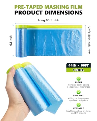 Pre-Taped Automotive Masking Film for Painting - 44" x 66', 1 Roll - color: Blue, size: 1 Roll of 44" x 66'