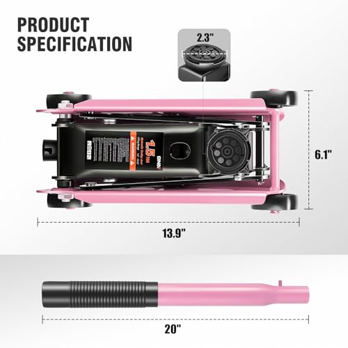 DNA Motoring Low Profile Hydraulic Trolley Service/Floor Jack, 1.5 Ton (3000 lbs) Capacity, Lifting Range 5.5"-15.35", Pink, TOOLS-00675-PK - color: Pink, style: 1.5 ton