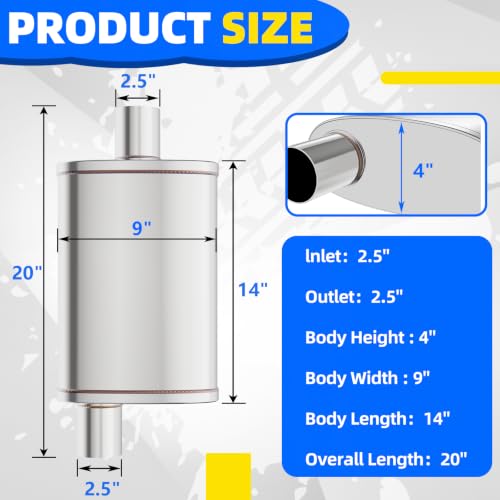 2.5 inch Universal Mufflers Single Chamber, 2.5” Center In /2.5” Offset Out, 20" Overall Length Straight-Through Mild Steel Performance Muffler, Suitable for Cars and Trucks(2.5''Inlet/Outlet) - color: Center In / Offset Out, size: 2.5''
