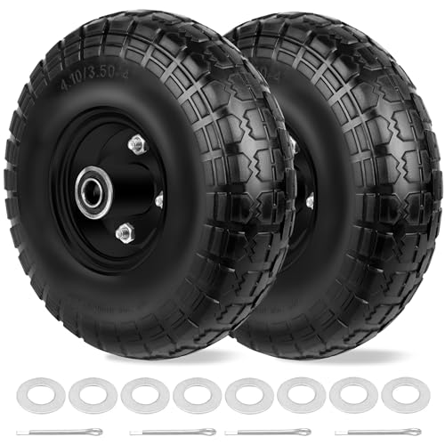 4.10/3.50-4 Tires and Wheels Flat Free 10 Inch Solid Tires Replacement with 5/8" Axle Bore Hole, 8 Spacers 4 Pins, for Cart, Garden Wagon, Wheelbarrow, Hand Truck, Trolley, Lawn Mower, 2P - color: Black, size: 10" - 2P
