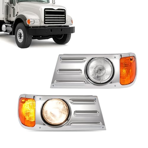 HECASA Headlight+Corner Light+Headlight Bezel w/Bulbs Compatible with Mack - color: Clear Lens Silvery Bezel, size: Pair