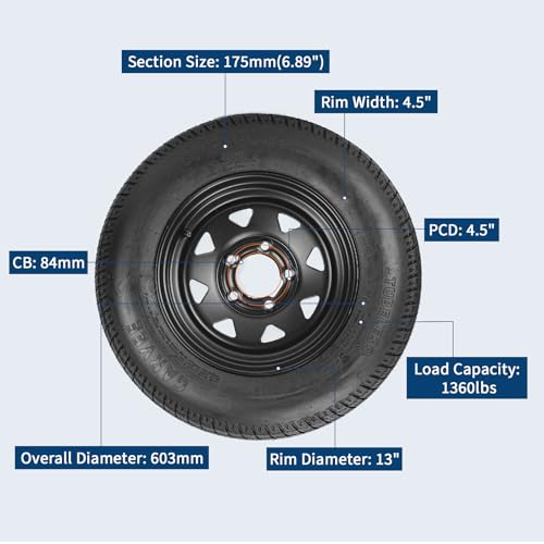 GarveeTech 2-Pack Trailer Tire On Rim ST175/80D13 Trailer Tires and Wheels 5 Lug on 4.5 in PCD Trailer Tires with 13 in Rims Load Range C 6PR Black - size: ST175/80D13